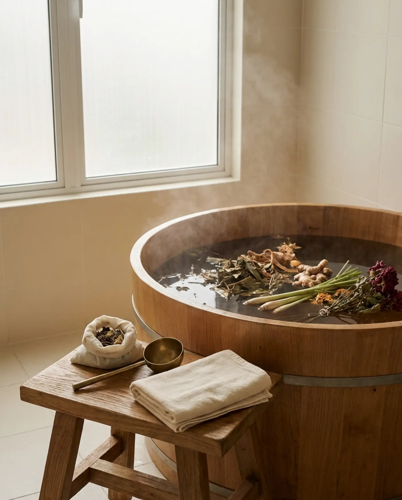 A wooden tub of steaming herbal bath water with ginger and lemongrass