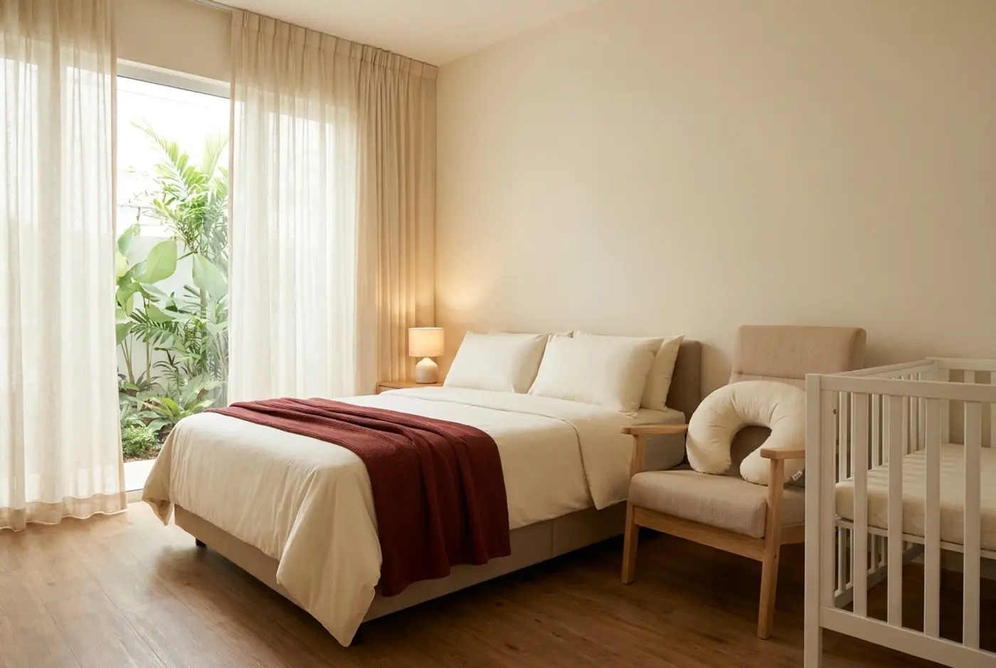 The Classic room: a queen bed with a red throw, a nursing armchair and a white cot beside a courtyard window