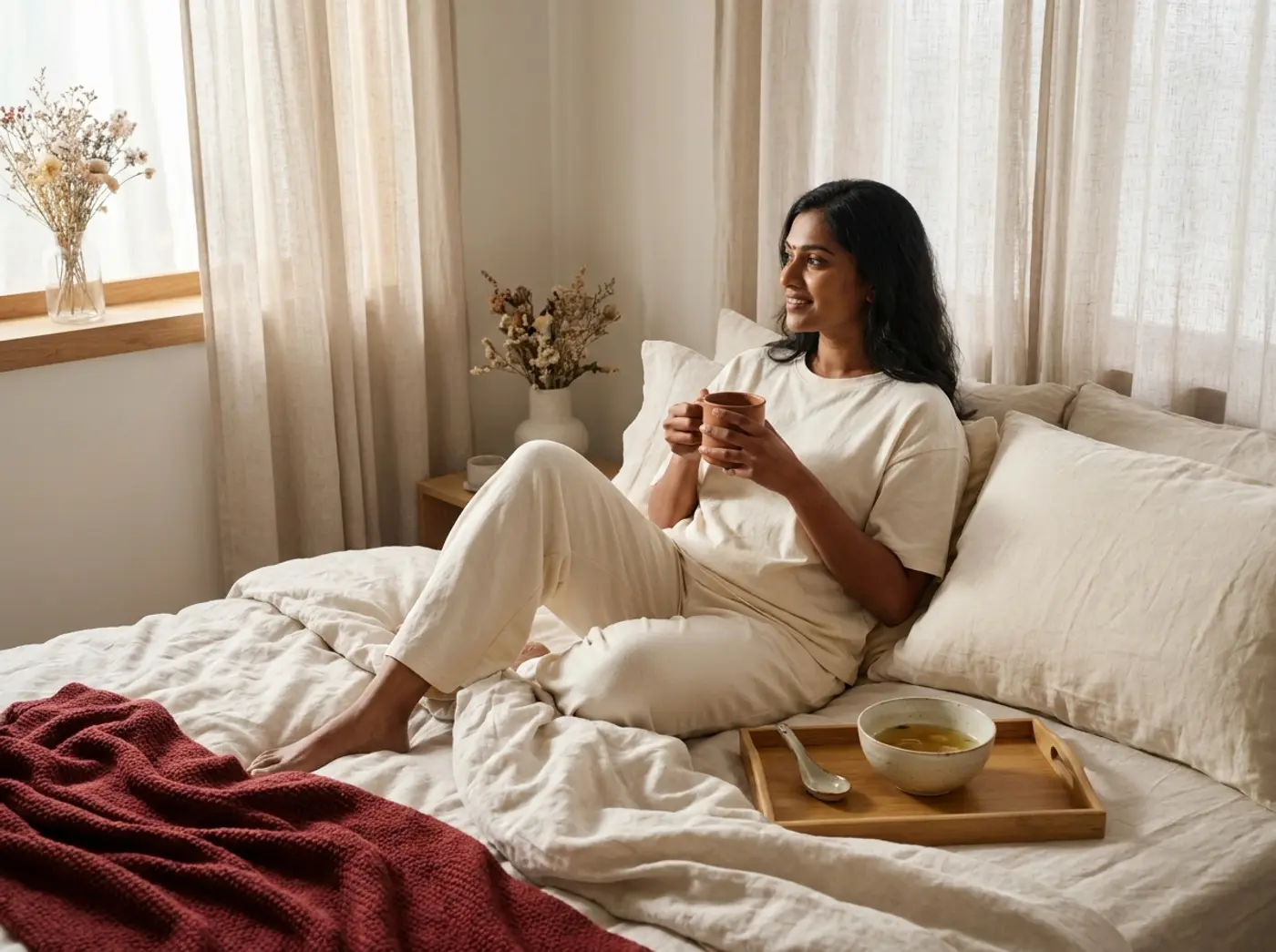 A mother sits up in bed with a cup of red date tea, a bowl of soup on a tray beside her
