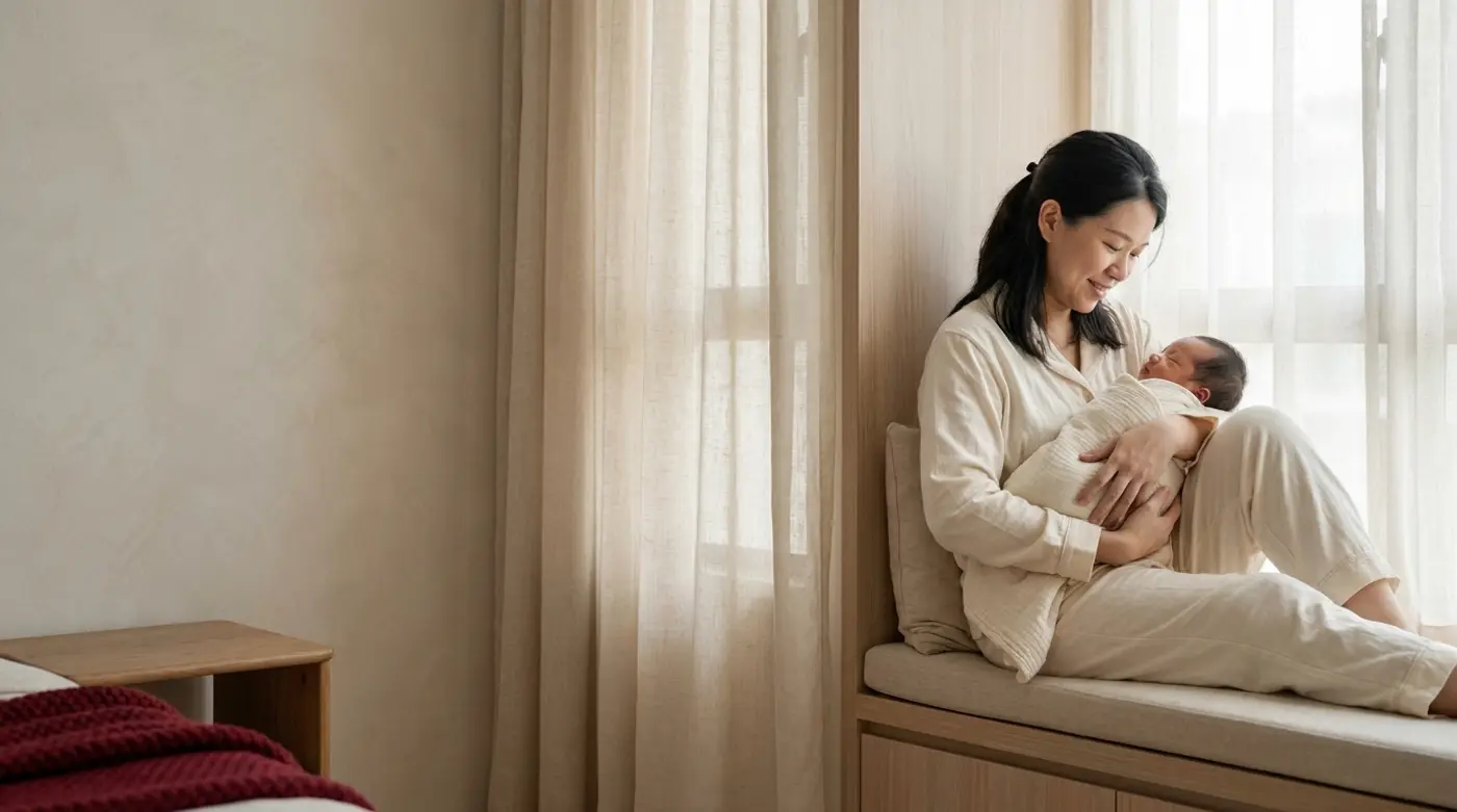 A mother in a cream confinement set holds her sleeping newborn on a sunlit window seat