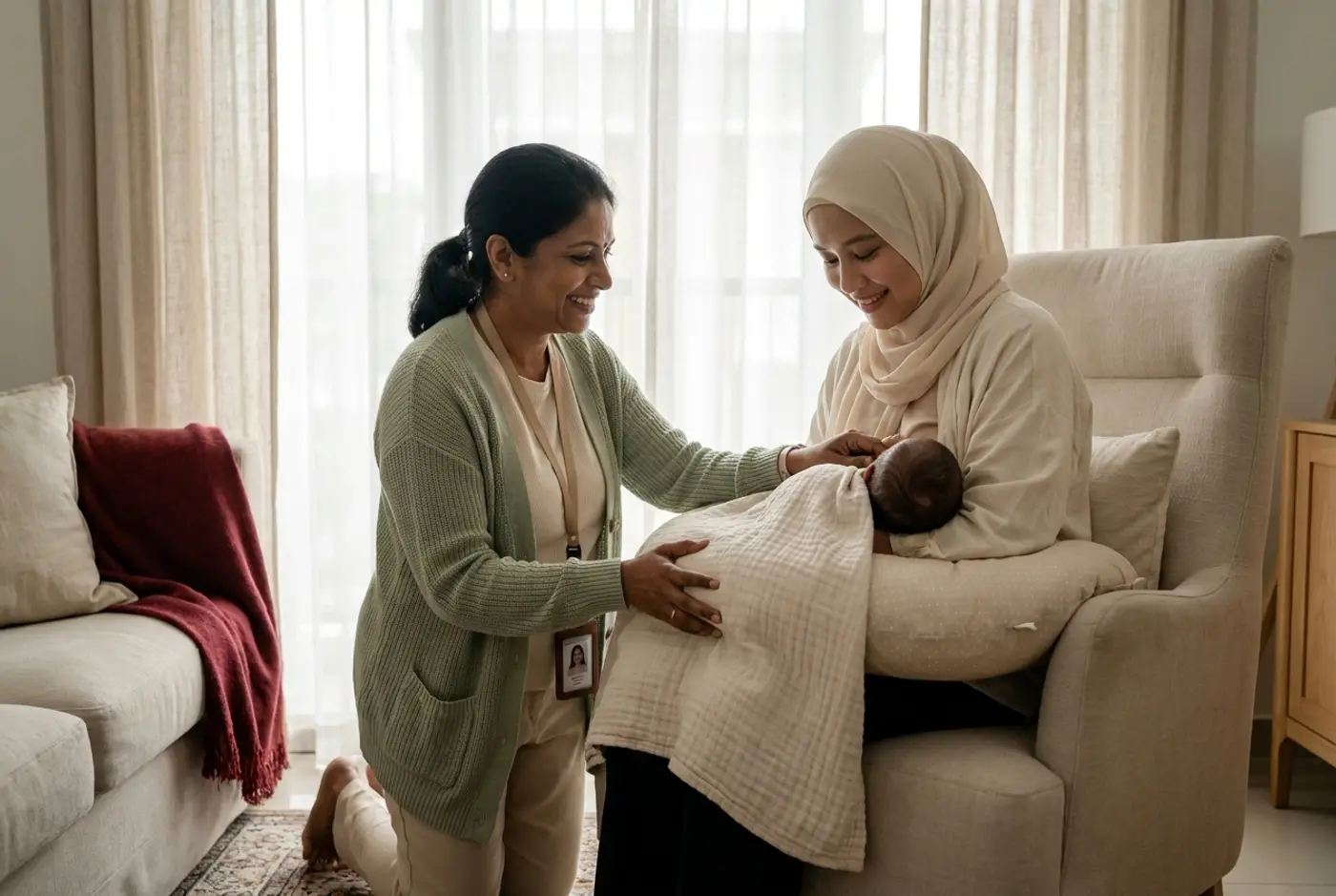 A lactation consultant helps a mother settle her newborn on a nursing pillow