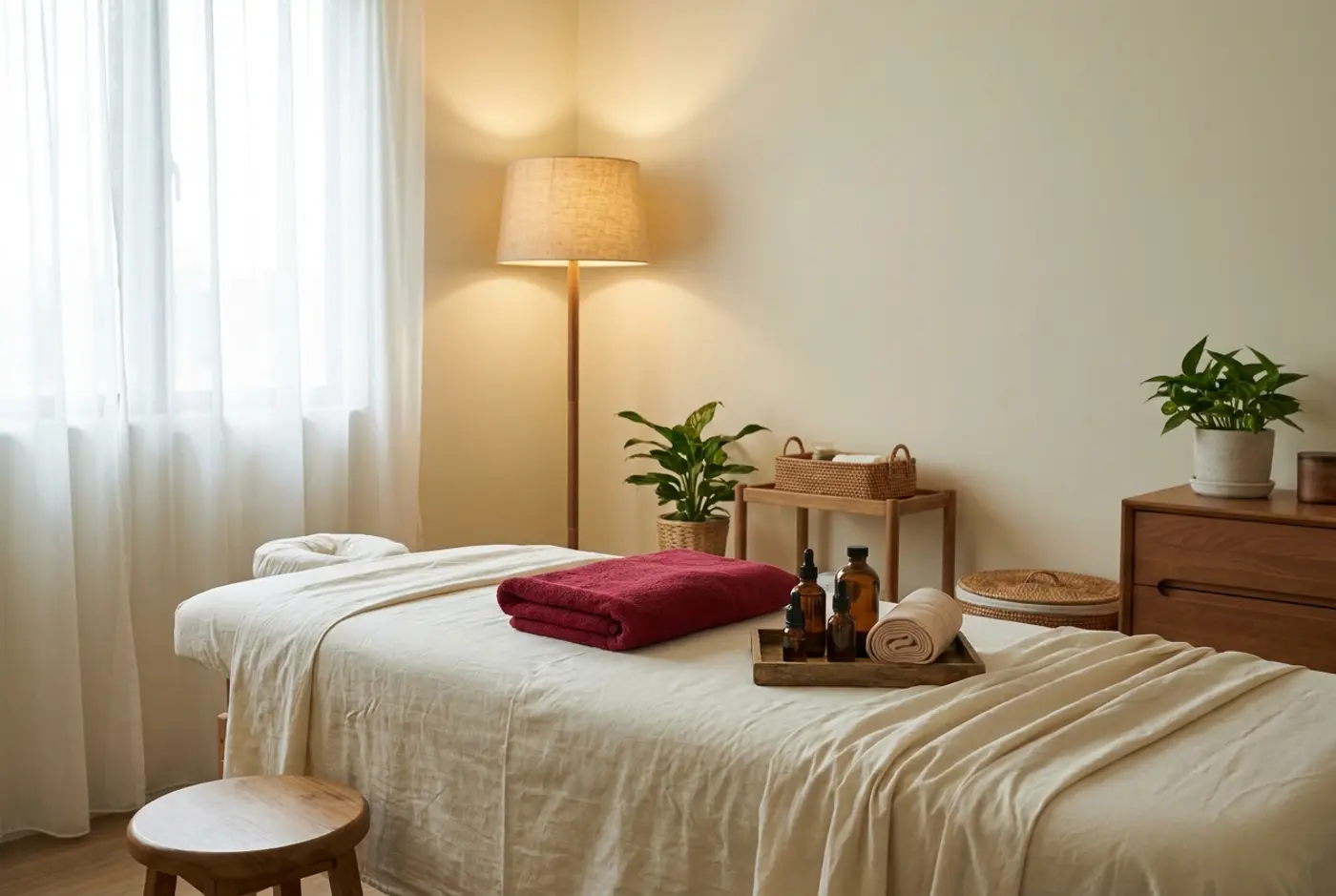 The massage room with a linen-covered bed, red towel and warm oils