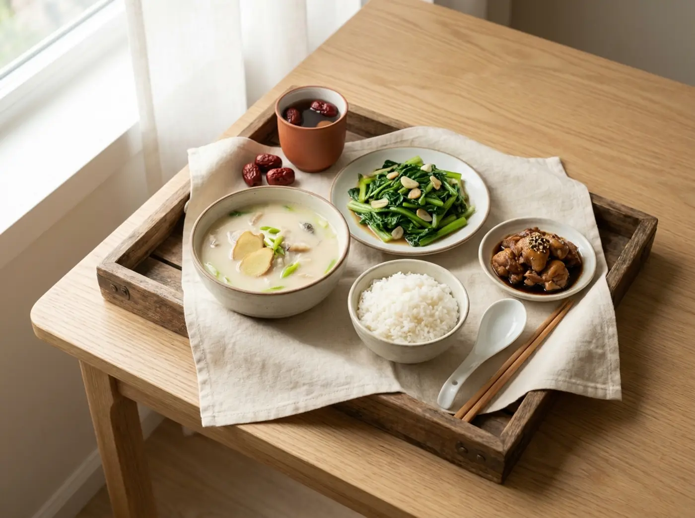 A confinement meal tray with ginger fish soup and red date tea