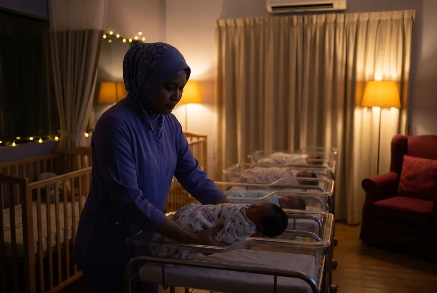A nurse in a tudung settles a swaddled newborn into a bassinet in the dimly lit night nursery