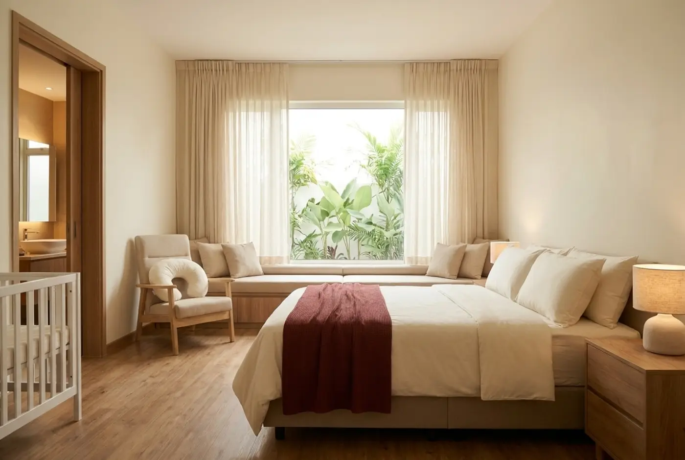 The Premier room: a king bed facing a wide garden window with a long cushioned window seat