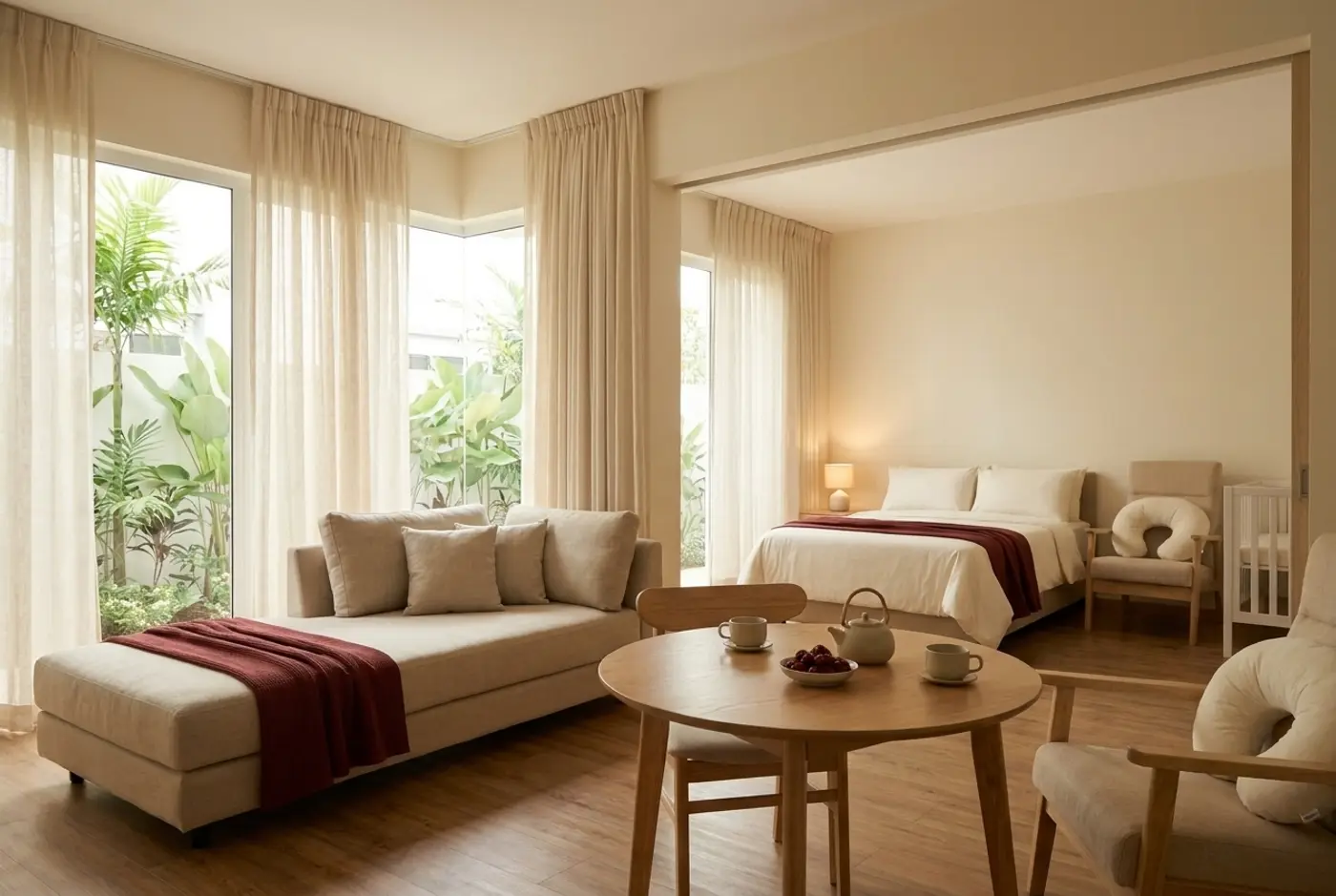The Moon Suite: a living area with a linen day-bed and a small dining table, the bedroom beyond, windows on two walls
